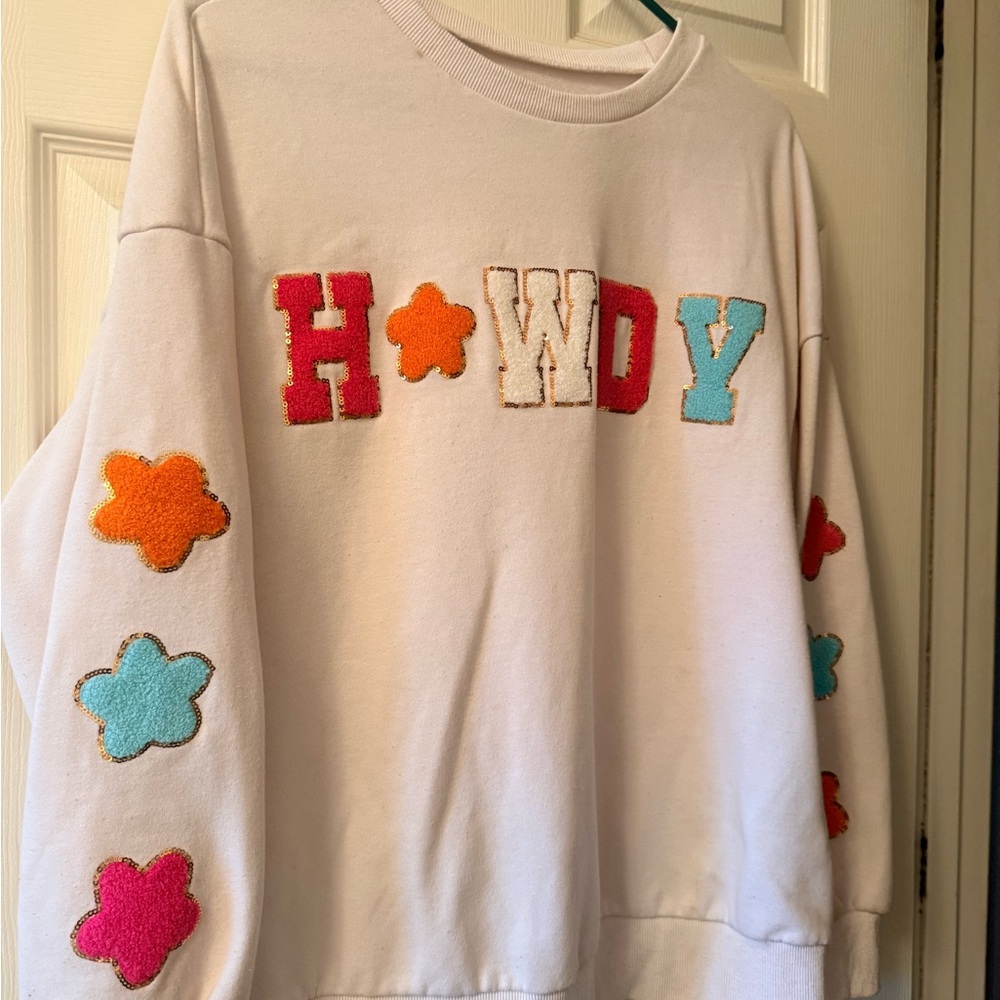 Howdy Appliqué Sweatshirt - White with Bright Flower Patches